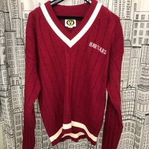 Varsity Harvard Red and White V-Neck Ribbed knit Sweater